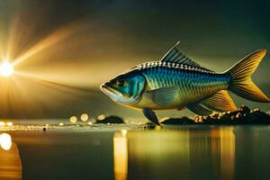 un pescado es en pie en el agua a puesta de sol. generado por ai foto