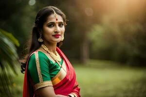 un hermosa mujer en un rojo sari y verde blusa. generado por ai foto