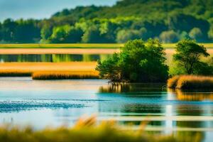 un lago con césped y arboles en el antecedentes. generado por ai foto