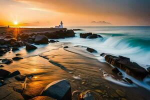 the sun sets over the ocean and rocks with a lighthouse. AI-Generated photo