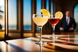 two glasses of cocktails on a table in front of a man. AI-Generated photo