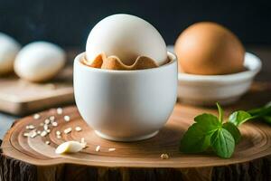 eggs in a cup on a wooden table. AI-Generated photo