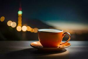 a cup of coffee on a table in front of a cityscape. AI-Generated photo