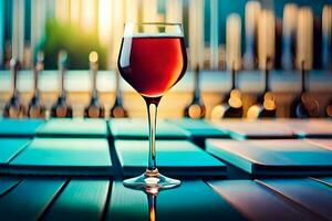 a glass of wine sitting on a table in front of a bar. AI-Generated photo