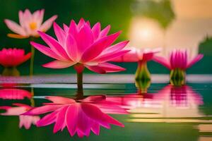 pink lotus flowers in the water with a green background. AI-Generated photo