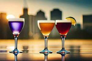 three glasses of different colored drinks on a table. AI-Generated photo