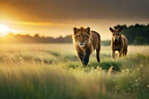 two lions and a horse running in the grass. AI-Generated photo