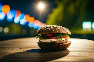 un hamburguesa sentado en un mesa en frente de un ciudad a noche. generado por ai foto