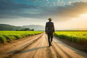 a man in a suit and hat walks down a dirt road. AI-Generated photo