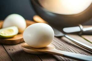 huevos en un de madera mesa con un cuchillo y tenedor. generado por ai foto