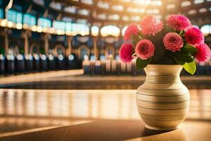 un florero con rosado flores sentado en un mesa. generado por ai foto