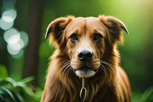 a brown dog with a collar standing in the woods. AI-Generated photo