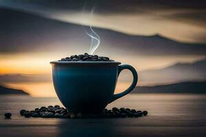 café frijoles, taza, amanecer, montañas, amanecer, café, taza, café frijoles,. generado por ai foto