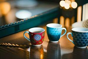 three coffee cups on a table. AI-Generated photo