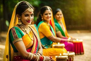 indian women in colorful saris sitting on the ground. AI-Generated photo