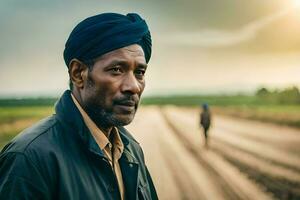 a man in a turban stands in the middle of a dirt road. AI-Generated photo