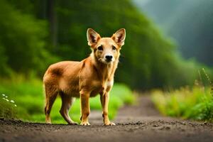 a dog standing on a dirt road in the middle of a forest. AI-Generated photo