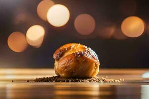 un Pastelería en un mesa con luces en el antecedentes. generado por ai foto