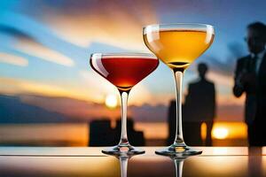 two glasses of cocktails on a table with a sunset in the background. AI-Generated photo