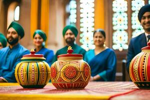 a group of people in turbans sitting around a table with colorful pots. AI-Generated photo