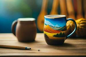 a coffee cup and a pencil on a table. AI-Generated photo