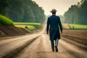 a man in a suit and hat walking down a dirt road. AI-Generated photo