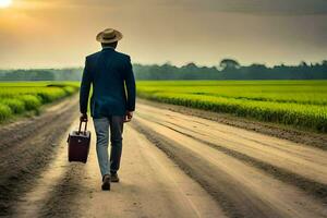 a man in a suit and hat walks down a dirt road with a briefcase. AI-Generated photo