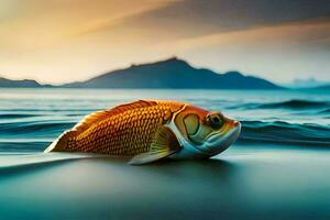 a fish is floating in the ocean at sunset. AI-Generated photo