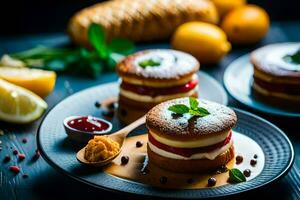three cakes with jam and lemon on a plate. AI-Generated photo