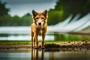 a dog standing in water near a river. AI-Generated photo