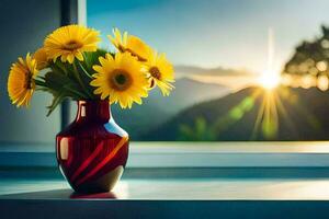 sunset, flowers, vase, window, view, nature, hd wallpaper. AI-Generated photo