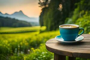 un taza de café en un de madera mesa en el medio de un campo. generado por ai foto