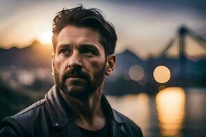 a man with a beard and leather jacket looking off into the distance. AI-Generated photo