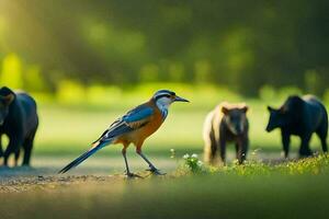 a bird is standing in front of a herd of animals. AI-Generated photo