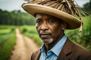 a man wearing a straw hat stands in front of a field. AI-Generated photo