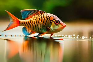 un pescado con brillante colores en pie en el agua. generado por ai foto