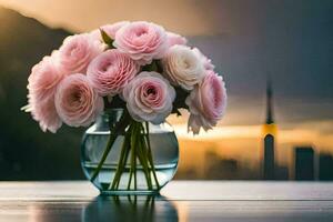 pink roses in a vase on a table with a city in the background. AI-Generated photo