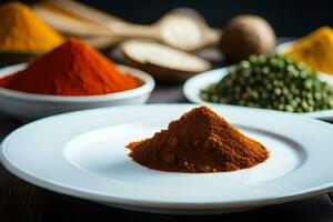 a variety of spices are on a white plate. AI-Generated photo