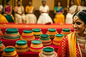 a bride in traditional indian attire sits in front of a table with many colorful pots. AI-Generated photo