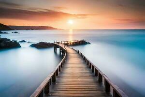 a wooden bridge leads to the ocean at sunset. AI-Generated photo