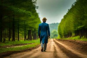 a man in a blue suit and hat walks down a dirt road. AI-Generated photo