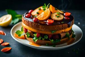 a cake with fruit and vegetables on top. AI-Generated photo