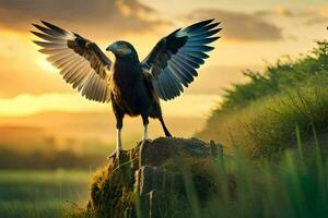 el pájaro es en pie en un rock en el medio de un campo. generado por ai foto