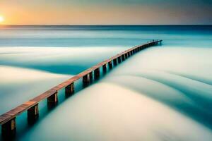 a long exposure photo of a pier in the ocean. AI-Generated