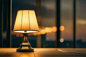 a lamp on a table in front of a window. AI-Generated photo