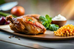 a plate with chicken, corn and vegetables. AI-Generated photo