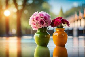 two colorful vases with flowers sitting on a table. AI-Generated photo