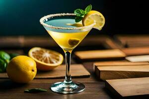 a martini with lemon and mint on a wooden table. AI-Generated photo