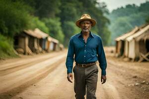 a man in a hat walks down a dirt road. AI-Generated photo