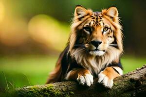 a tiger is sitting on a log. AI-Generated photo